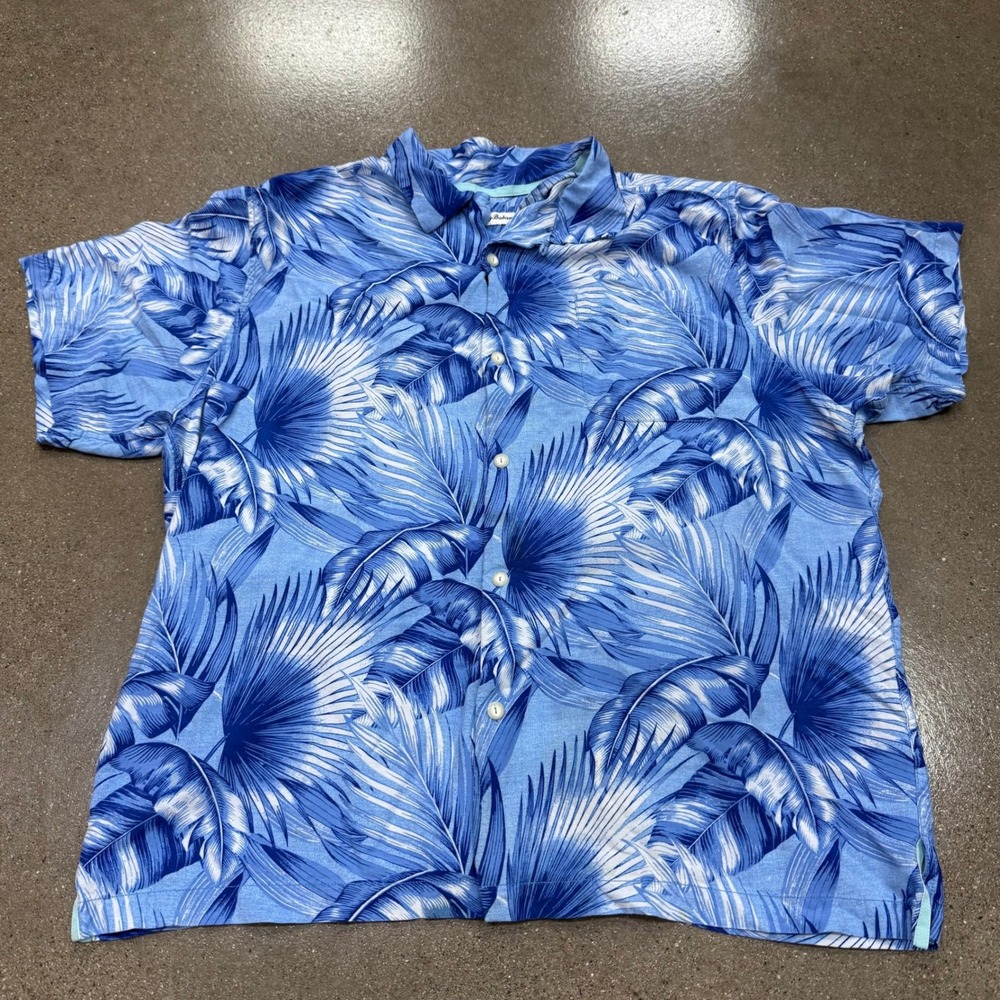 Tommy Bahama Mens XL Blue White Tropical Palm Leaf Rayon Short Sleeve Camp Shirt